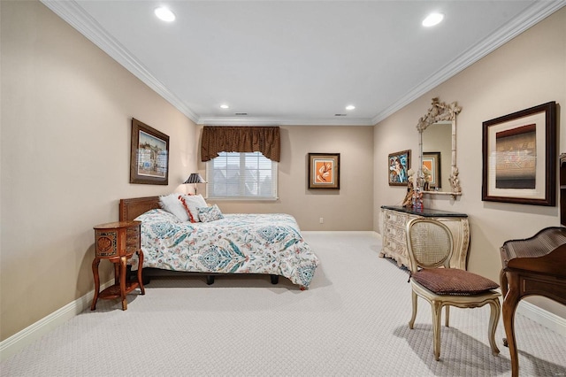 bedroom featuring light colored carpet and ornamental molding