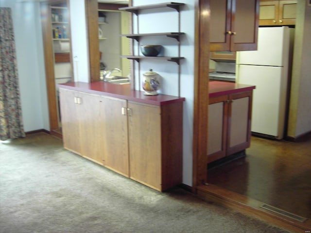 kitchen with carpet, white fridge, and sink