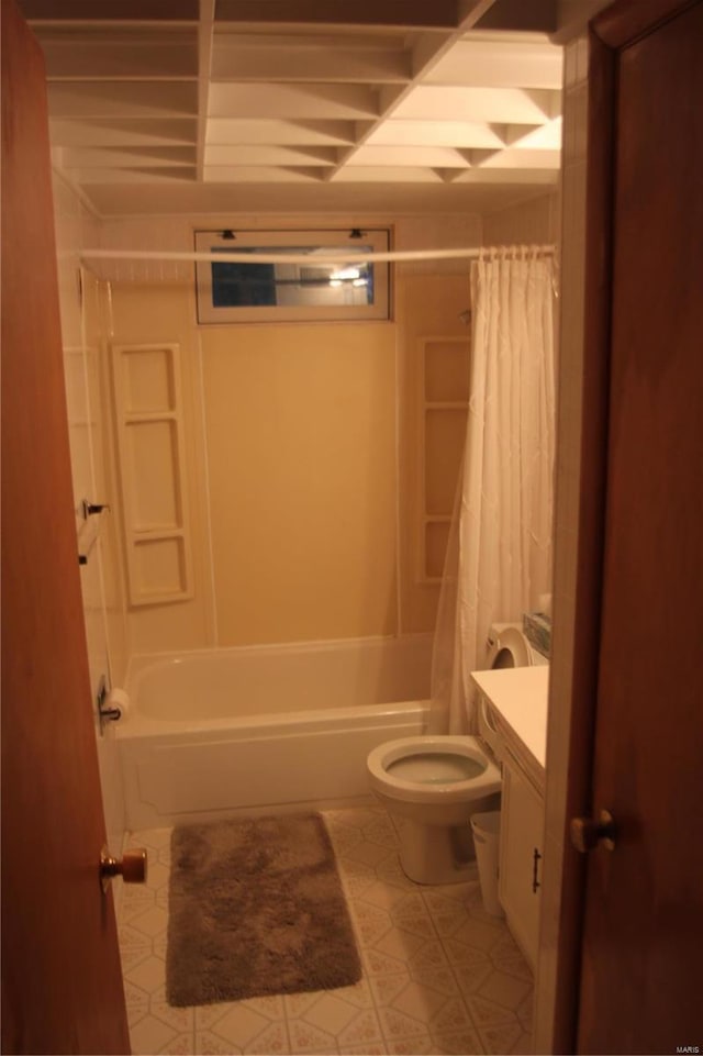 full bathroom with toilet, vanity, and shower / tub combo with curtain