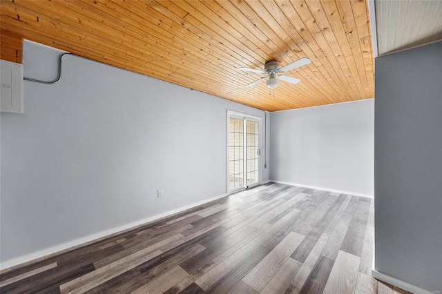 empty room featuring hardwood / wood-style floors, ceiling fan, and wooden ceiling