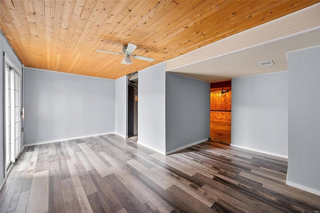 empty room featuring hardwood / wood-style floors, ceiling fan, and wooden ceiling