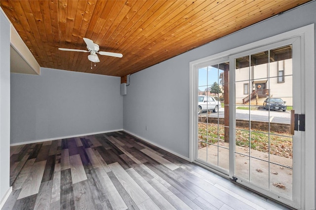 unfurnished room with ceiling fan, hardwood / wood-style floors, and wooden ceiling