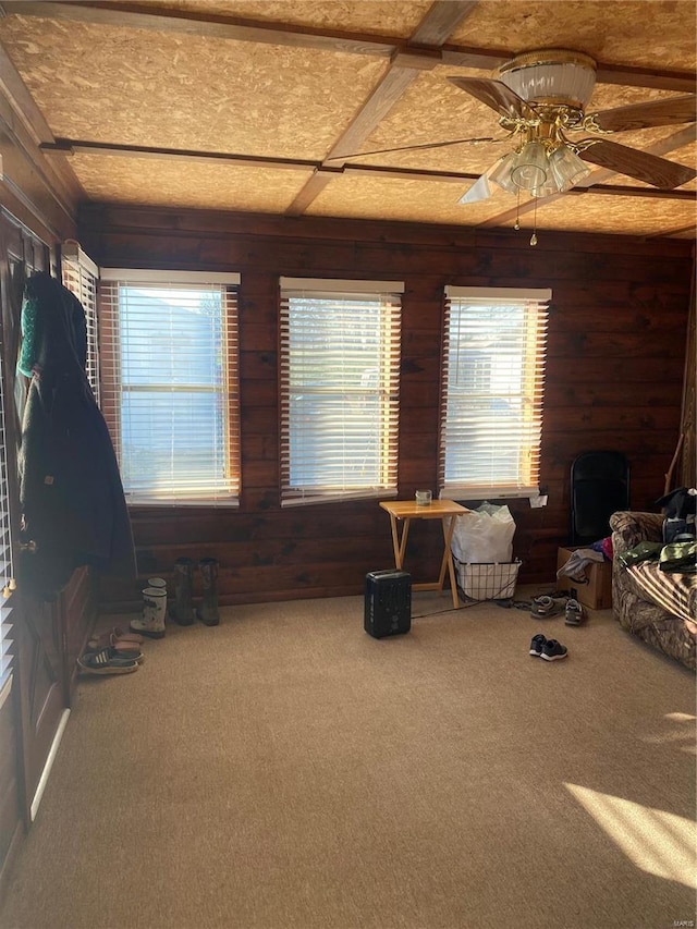 interior space with carpet floors, ceiling fan, and wood walls