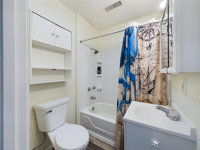 full bathroom with wood-type flooring, vanity, toilet, and shower / tub combo with curtain