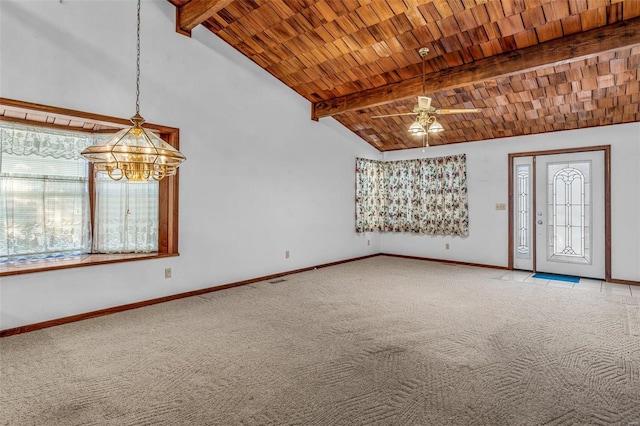 unfurnished living room with vaulted ceiling with beams, carpet floors, wood ceiling, and ceiling fan with notable chandelier