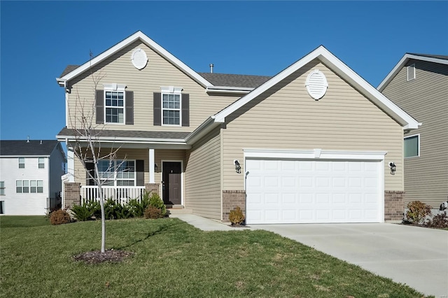 view of front of home with a front lawn, a porch, and a garage