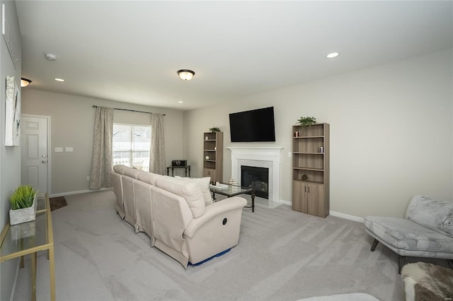 living room with light colored carpet