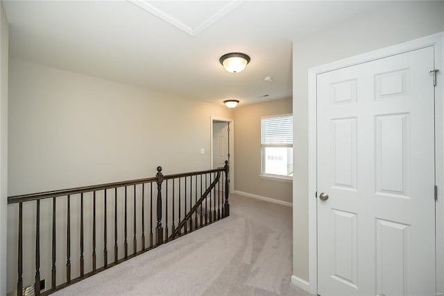 hallway featuring light carpet