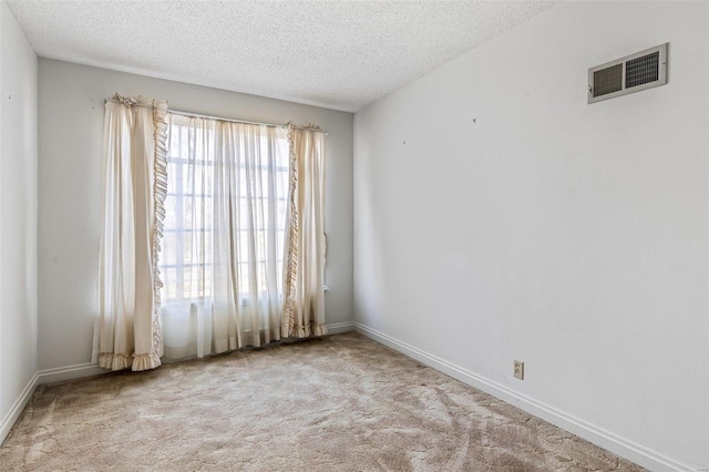 spare room featuring light colored carpet and a textured ceiling