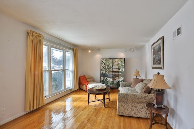 sitting room featuring rail lighting and light hardwood / wood-style flooring