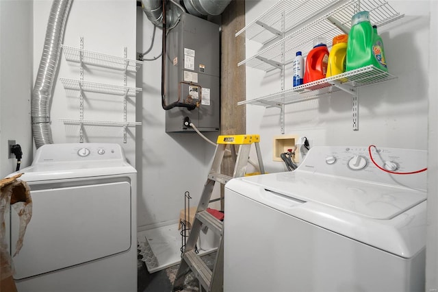 laundry room with heating unit and washer and clothes dryer