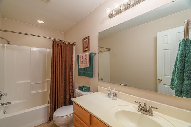 full bathroom featuring toilet, vanity, and shower / tub combo with curtain