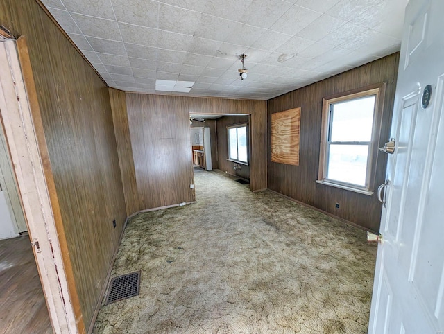 carpeted spare room featuring wooden walls