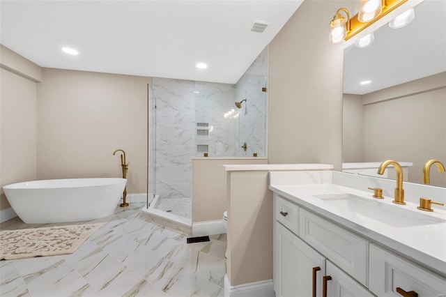 full bathroom with vanity, separate shower and tub, and toilet