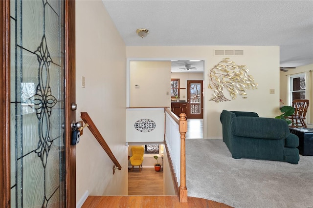 entryway featuring hardwood / wood-style floors, a textured ceiling, and a wealth of natural light