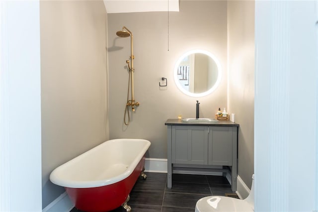 bathroom with shower with separate bathtub, vanity, and tile patterned floors