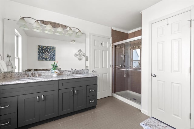 bathroom with vanity and walk in shower