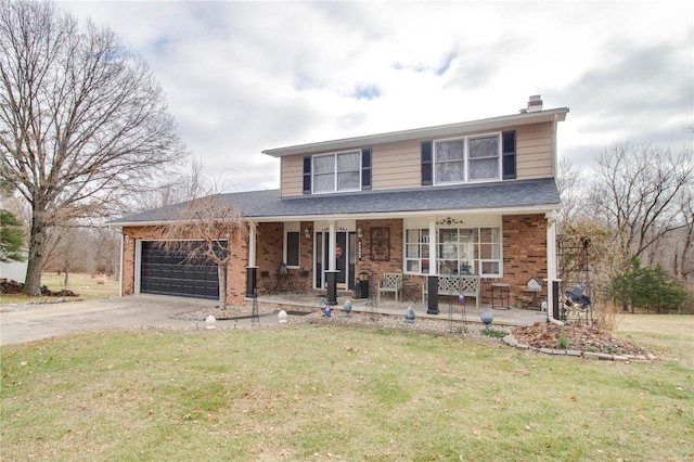 front facade featuring a garage, covered porch, and a front lawn