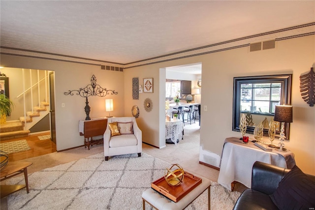 carpeted living room with a textured ceiling