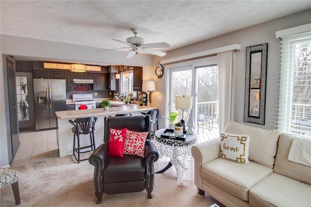 carpeted living room featuring ceiling fan, sink, and a textured ceiling