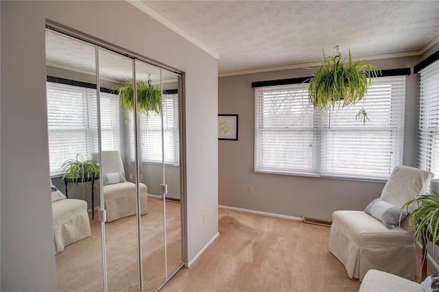 sitting room with a wealth of natural light, light carpet, and a textured ceiling