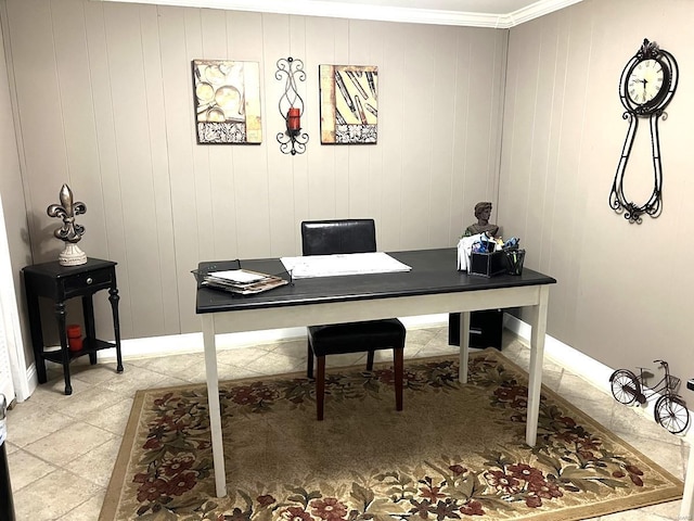 office space with ornamental molding and wooden walls