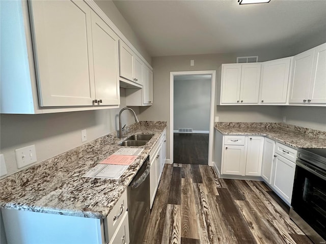 kitchen with white cabinetry, sink, stainless steel electric stove, and dishwasher