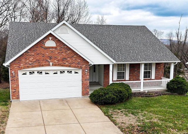 ranch-style home with covered porch and a front lawn