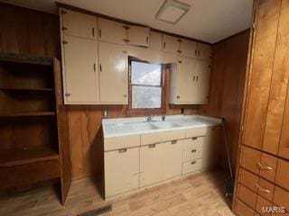 kitchen with wood walls, light hardwood / wood-style floors, and sink