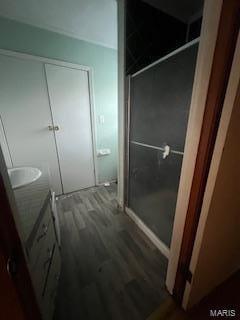 bathroom with hardwood / wood-style floors and walk in shower