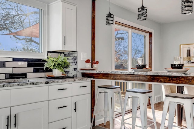 kitchen featuring hardwood / wood-style flooring, decorative light fixtures, a healthy amount of sunlight, and backsplash