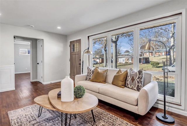 living room featuring dark wood-type flooring