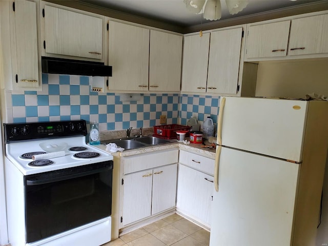 kitchen with white appliances, backsplash, sink, light tile patterned floors, and extractor fan