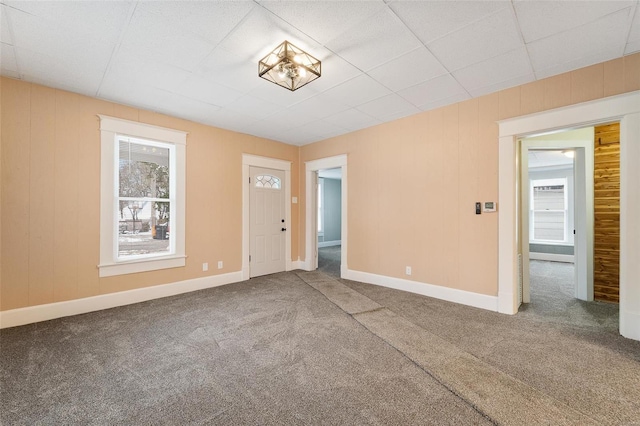 spare room with carpet and wood walls