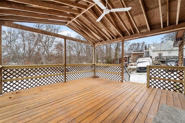 snow covered deck featuring ceiling fan