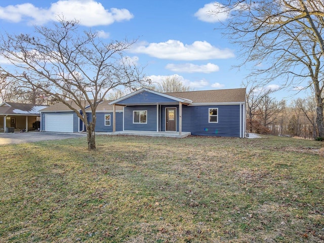 single story home featuring a porch, a garage, and a front lawn