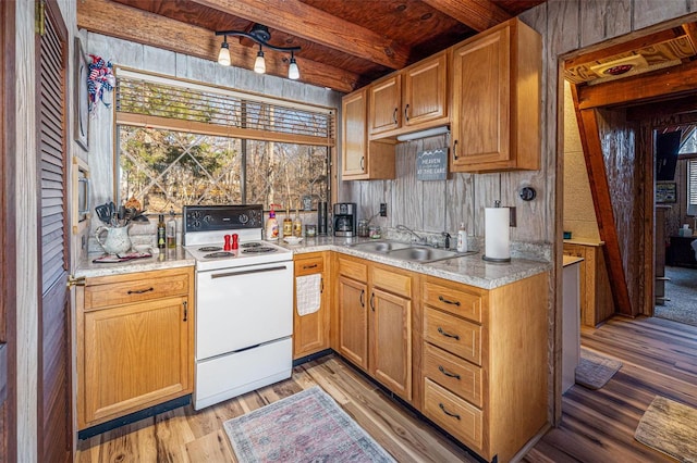 kitchen featuring sink, white electric stove, wooden ceiling, beamed ceiling, and light hardwood / wood-style floors