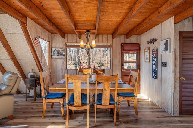 dining space featuring beam ceiling and wood walls