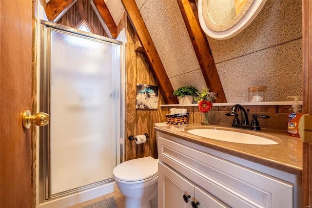 bathroom featuring wooden walls, toilet, vanity, and walk in shower