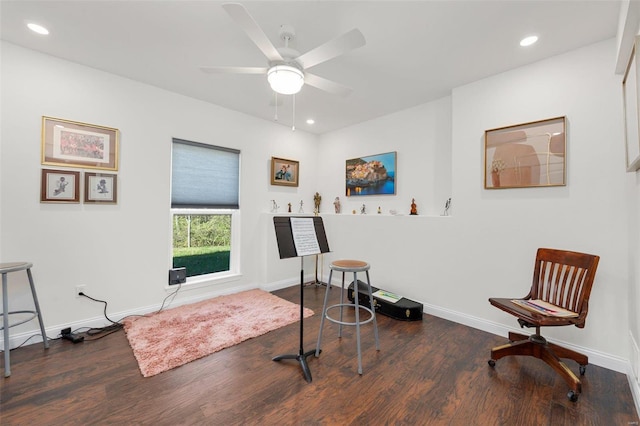 living area with ceiling fan and dark hardwood / wood-style flooring