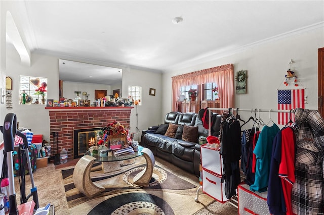 carpeted living room with crown molding and a brick fireplace