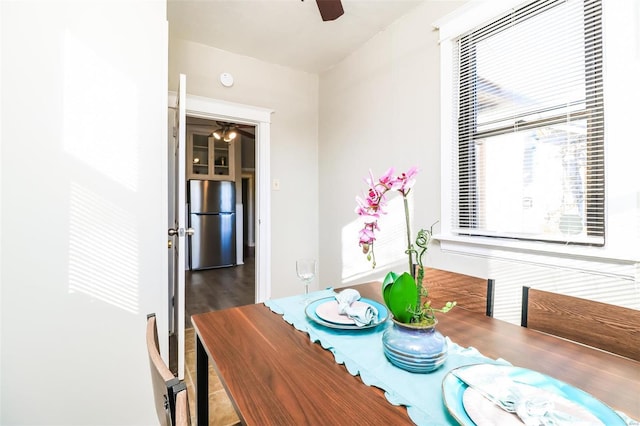 dining room featuring ceiling fan and dark wood-type flooring