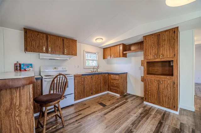 kitchen with sink, white electric stove, dark hardwood / wood-style flooring, and vaulted ceiling