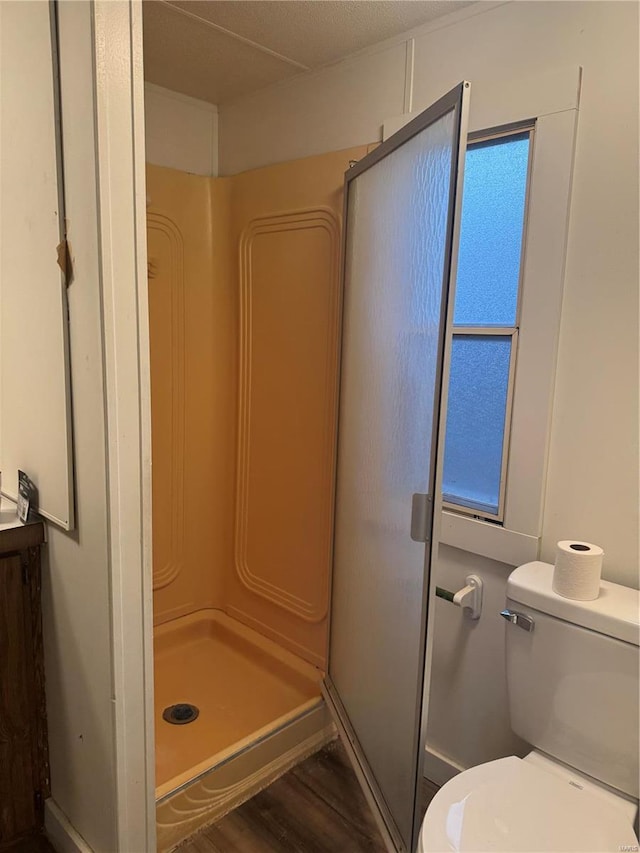 bathroom with hardwood / wood-style floors, toilet, a shower with door, and vanity