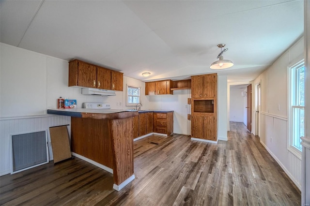 kitchen featuring sink, decorative light fixtures, kitchen peninsula, and dark hardwood / wood-style flooring