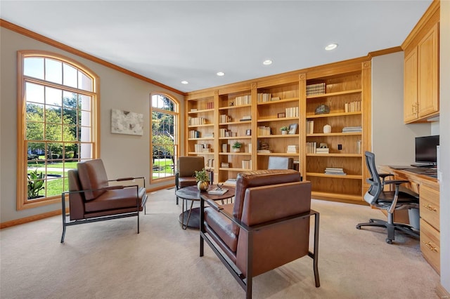 office with ornamental molding, light colored carpet, and built in shelves