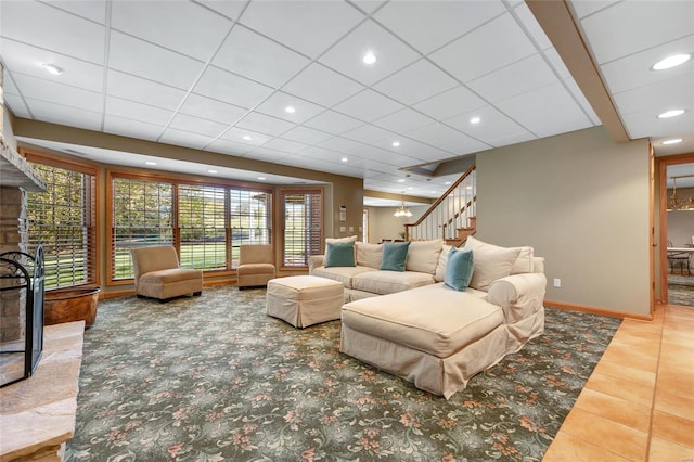 living room with tile patterned flooring