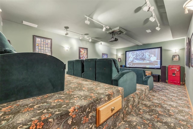 cinema room with carpet and rail lighting