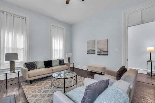 living room featuring ceiling fan and wood-type flooring