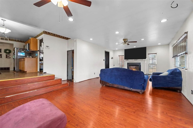 living room with ceiling fan and wood-type flooring